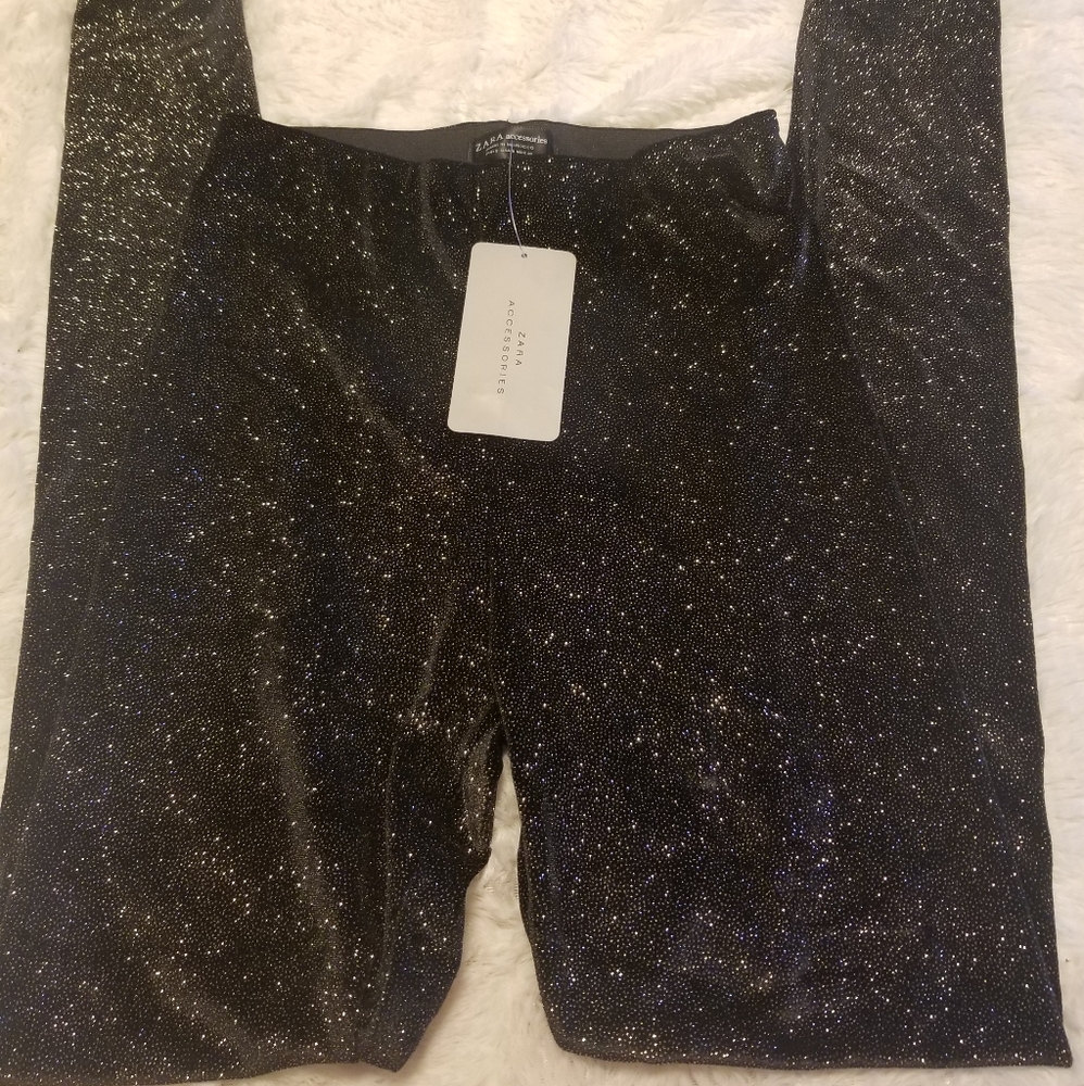 Zara Accessories.  Black leggings. Silver glitter